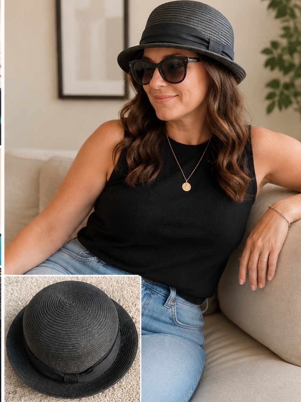 David & Young Black Paper Straw Cloche Hat One Size
